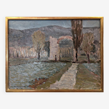 Peinture à l'huile suédoise moderne du milieu du siècle « Vallée italienne » vintage 1967, encadrée