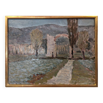 Mid-Century Modern Swedish "Italian Valley" Vintage 1967 Oil Painting, Framed