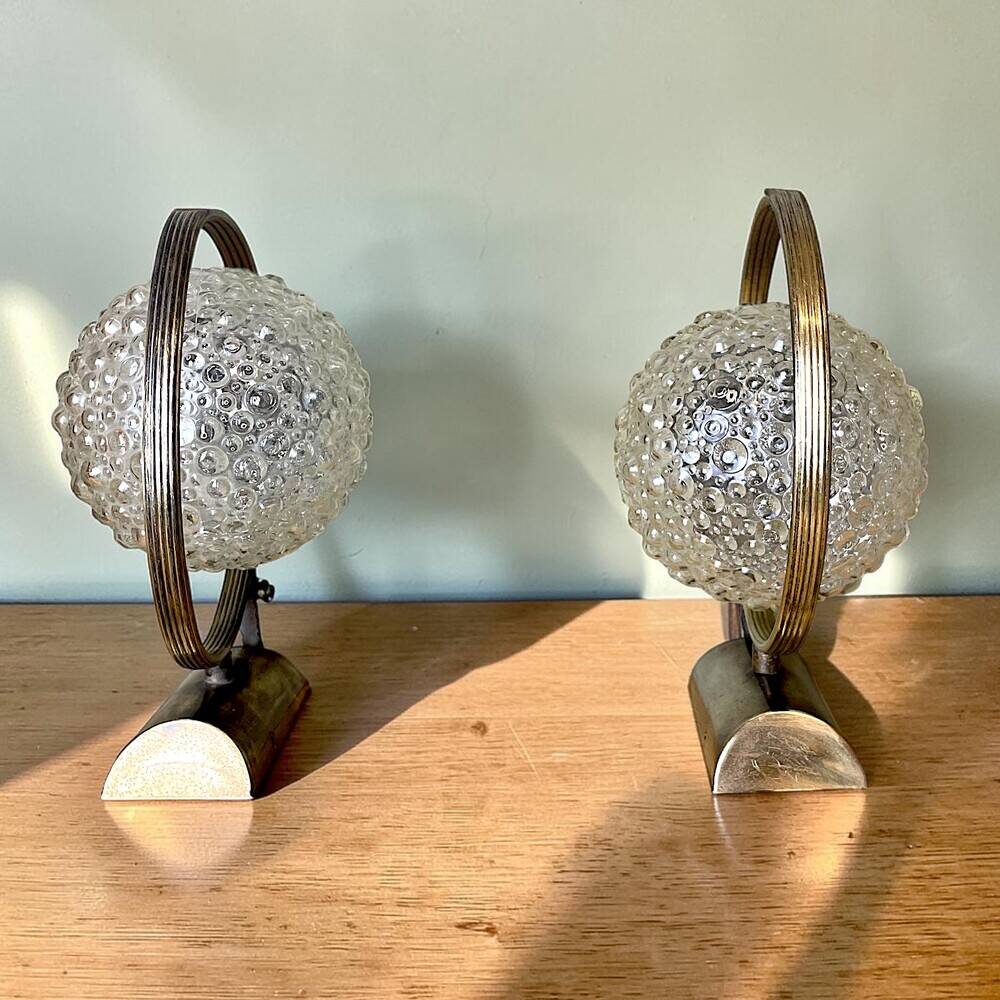 Pair of 1970s brass and glass wall sconces