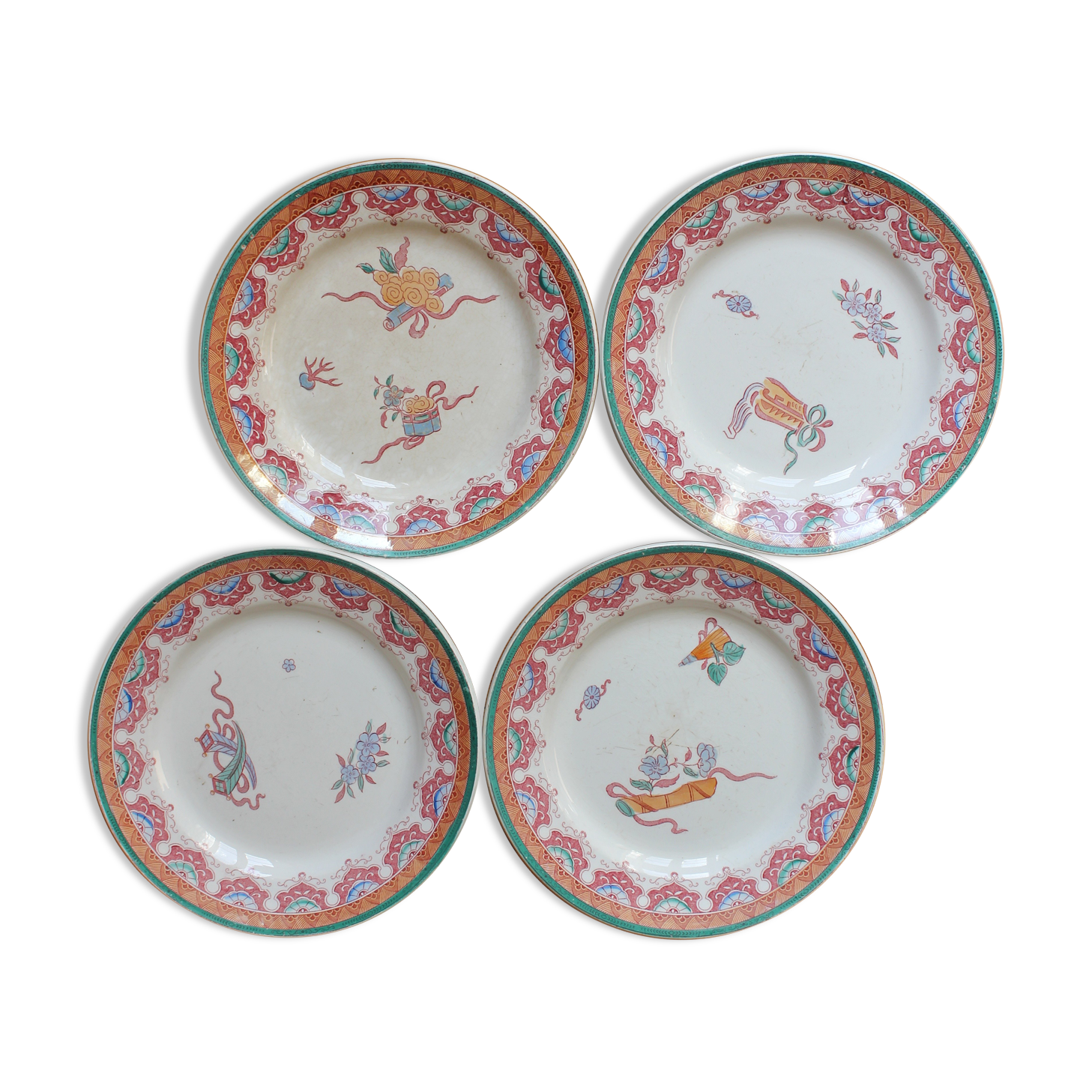 4 polychrome ironstone dessert plates, "Chinese" model, U&C Sarreguemines