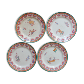 4 polychrome ironstone dessert plates, "Chinese" model, U&C Sarreguemines