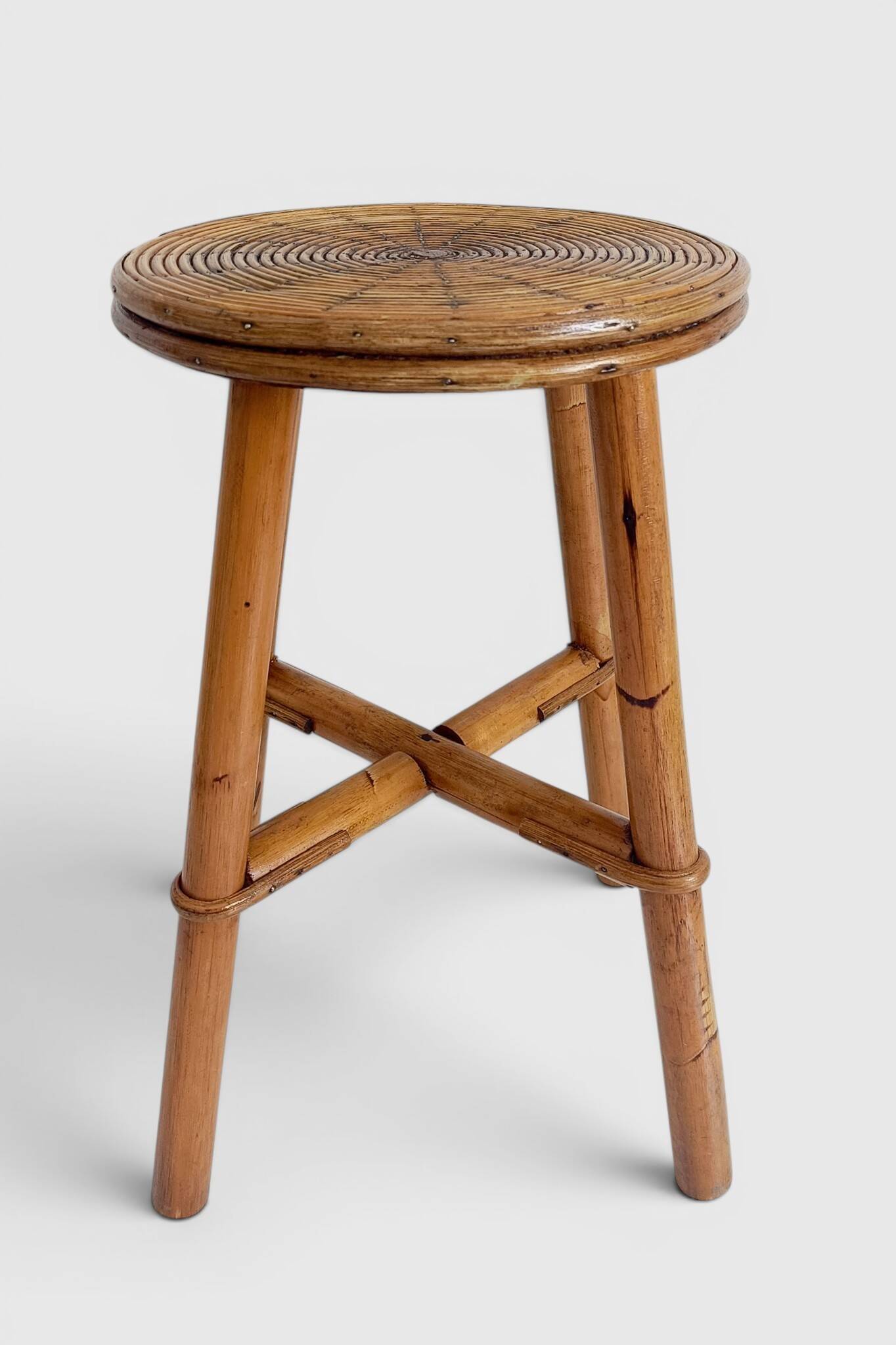 Vintage Rattan and Bamboo Accent Side Table / Stool, Spain, 1970s