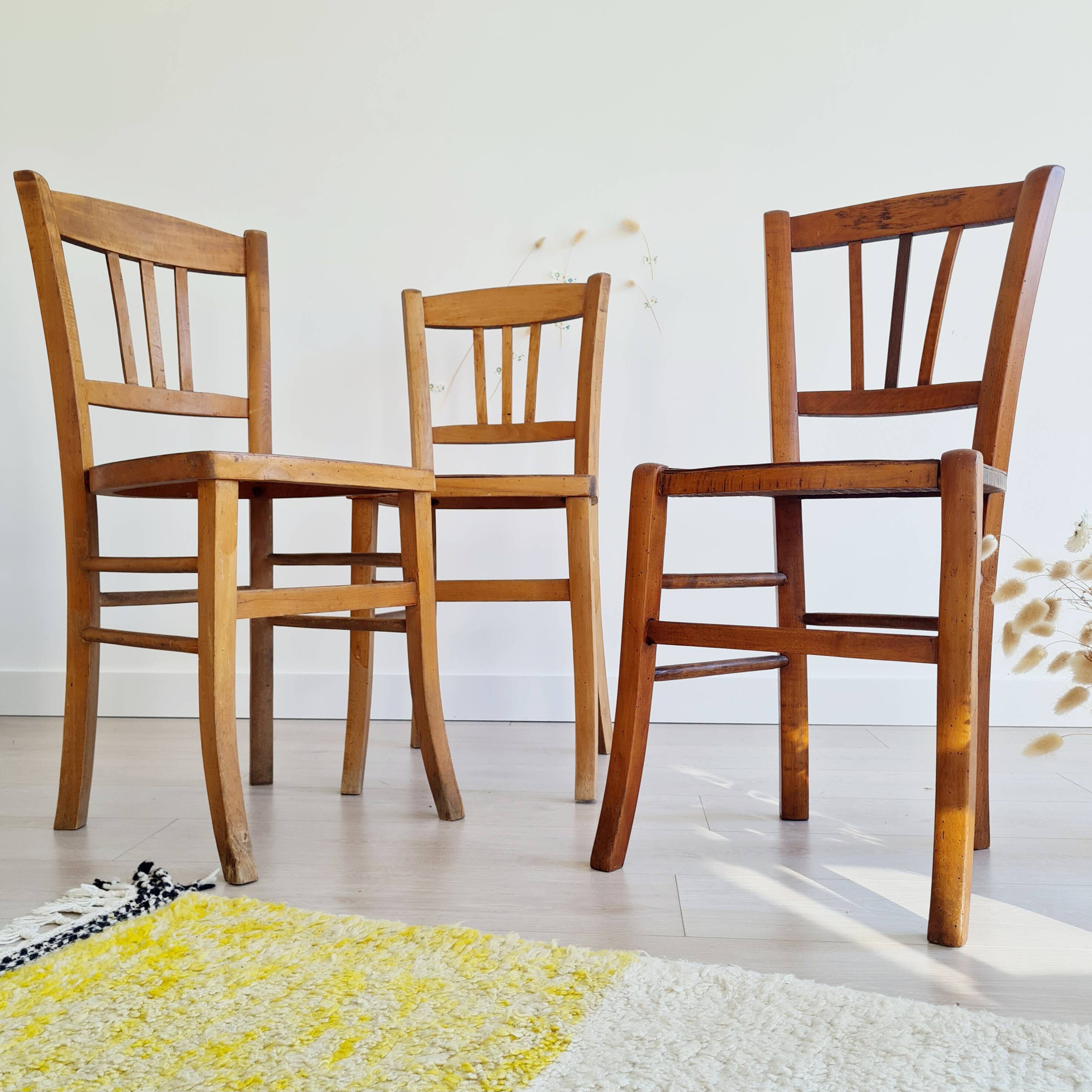 3 old wooden bistro chairs