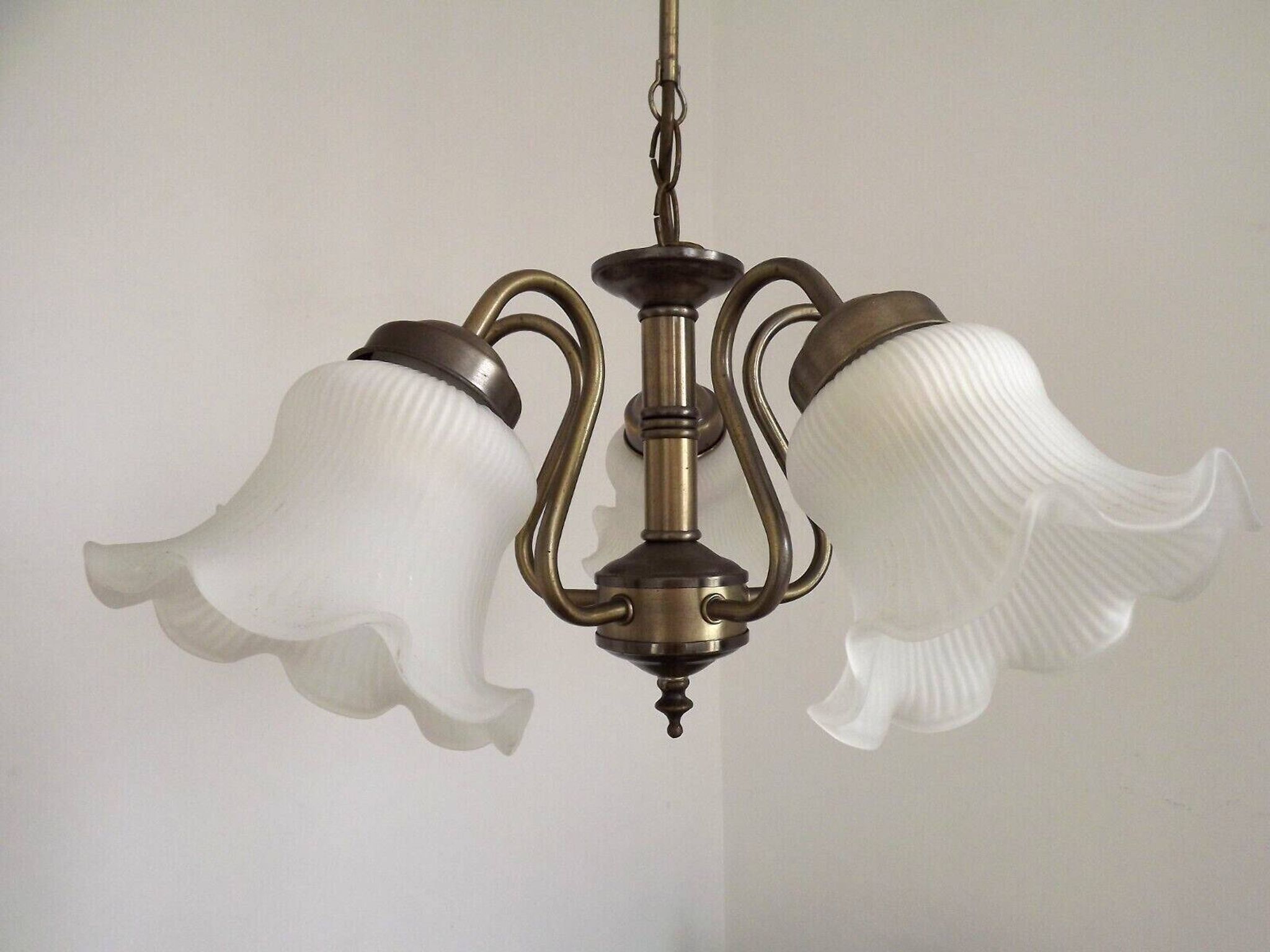 Vintage French 5 Light Silver Metal Chandelier With Patterned Glass Shades 4536