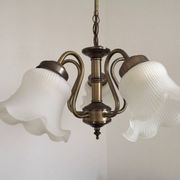 Vintage French 5 Light Silver Metal Chandelier With Patterned Glass Shades 4536