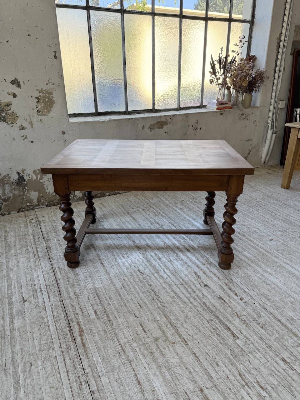 Paneled walnut desk with turned legs, 1900