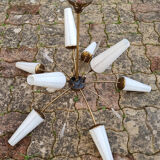 Suspension sputnik, 8 lights, brass, tulips opaque glass, vintage, 50s