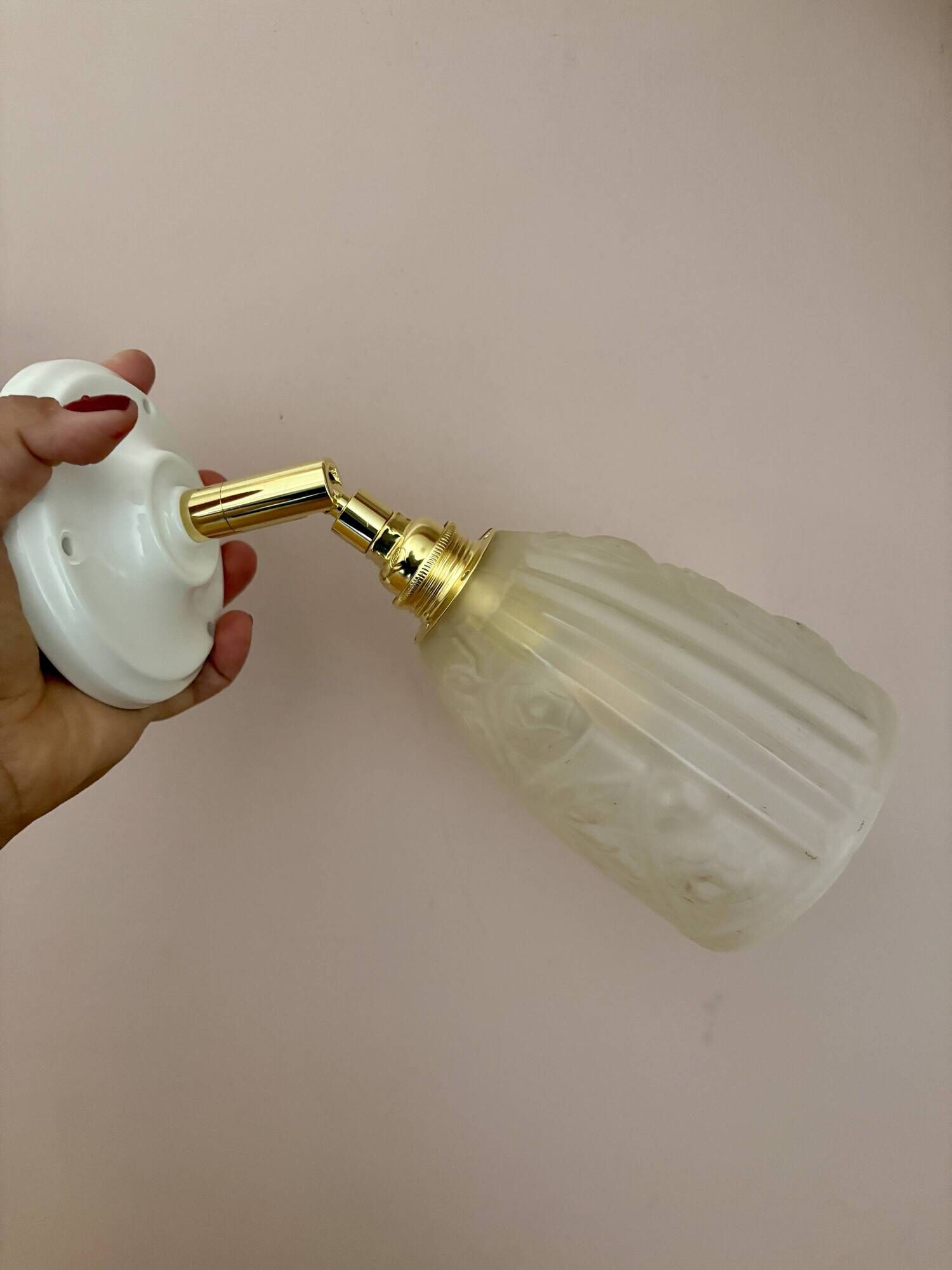 Vintage art deco tulip wall light in frosted glass, rose decorations