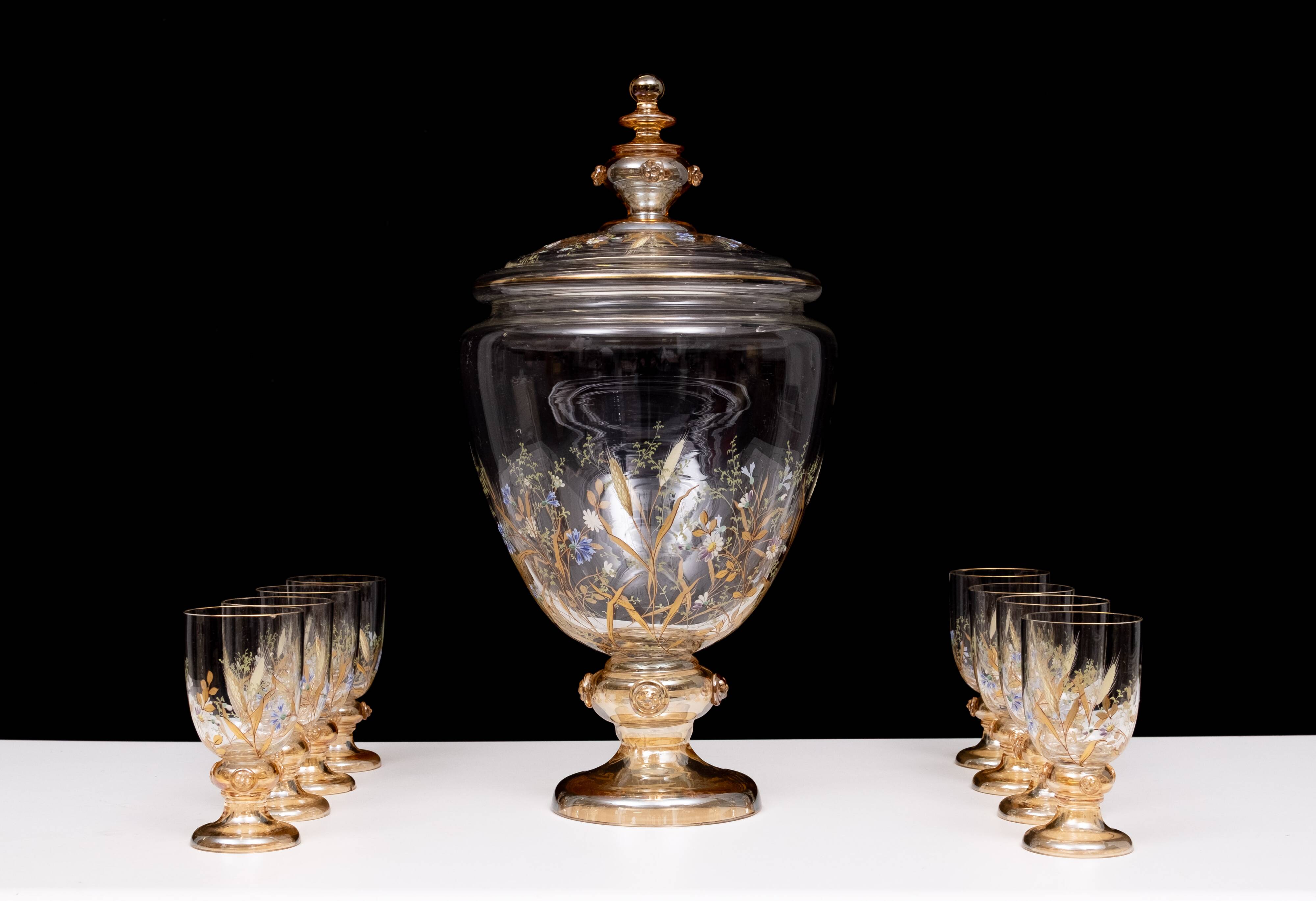 Stunning Antique Enameled Glass serving set for fruit, dessert or punch. 1880