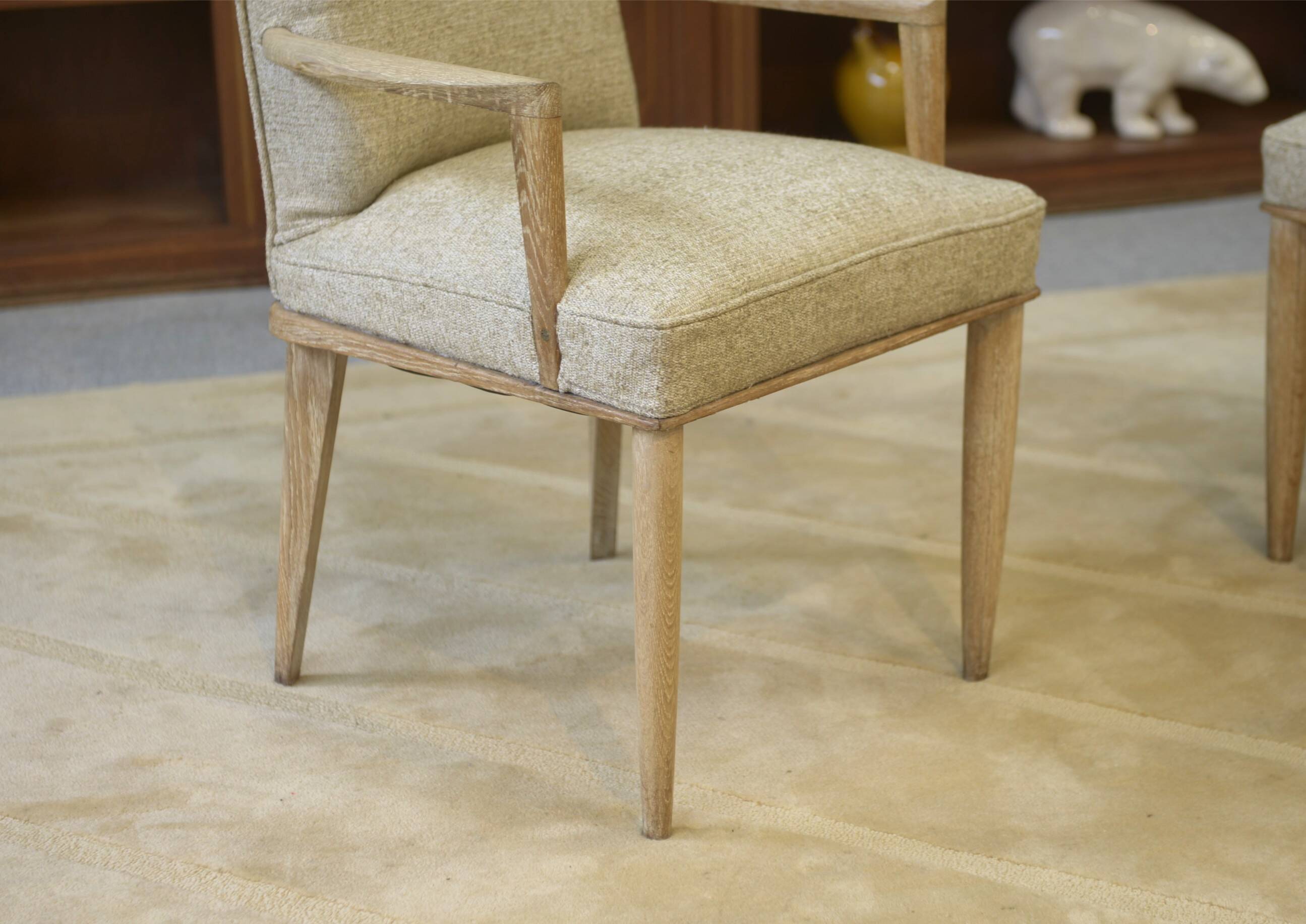 Rare pair of cerused oak armchairs, confidential creation attributed to Suzanne Guiguichon, 1940s.