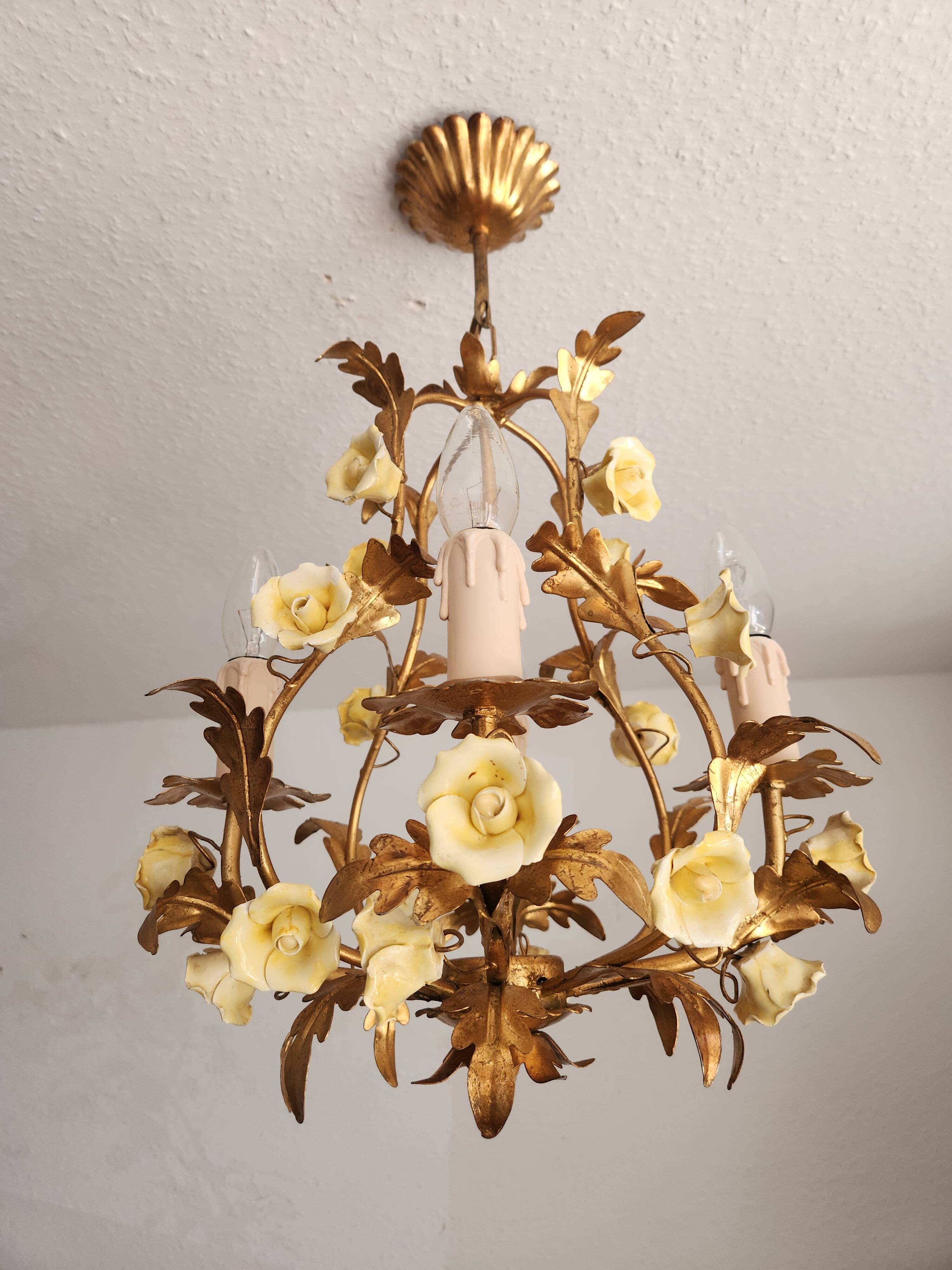 Vintage gilded hand-forged Florentine ceiling light with porcelain roses.