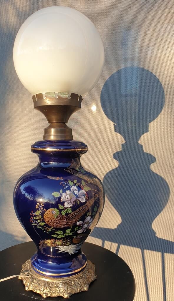 Ceramic lamp birds lyres on midnight blue background Napoleon III