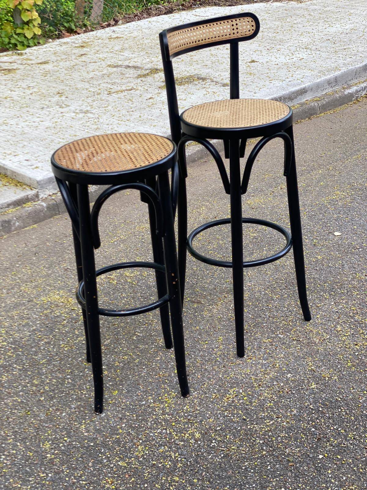 High curved black caned wooden bistro bar stool