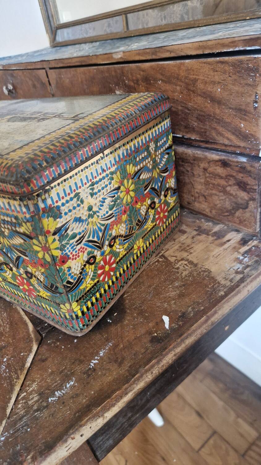 Large old mosaic metal box