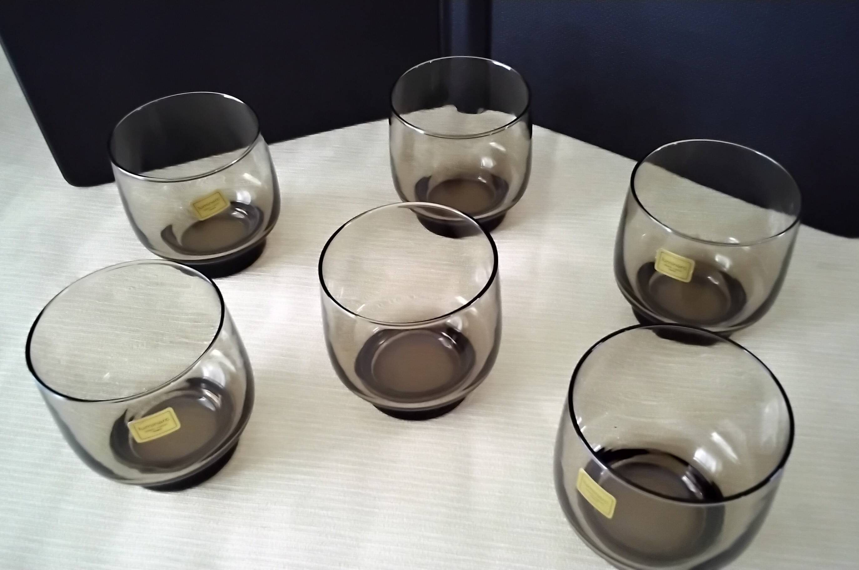 6 smoke-coloured glasses Luminarc 1960s Model Tivoli