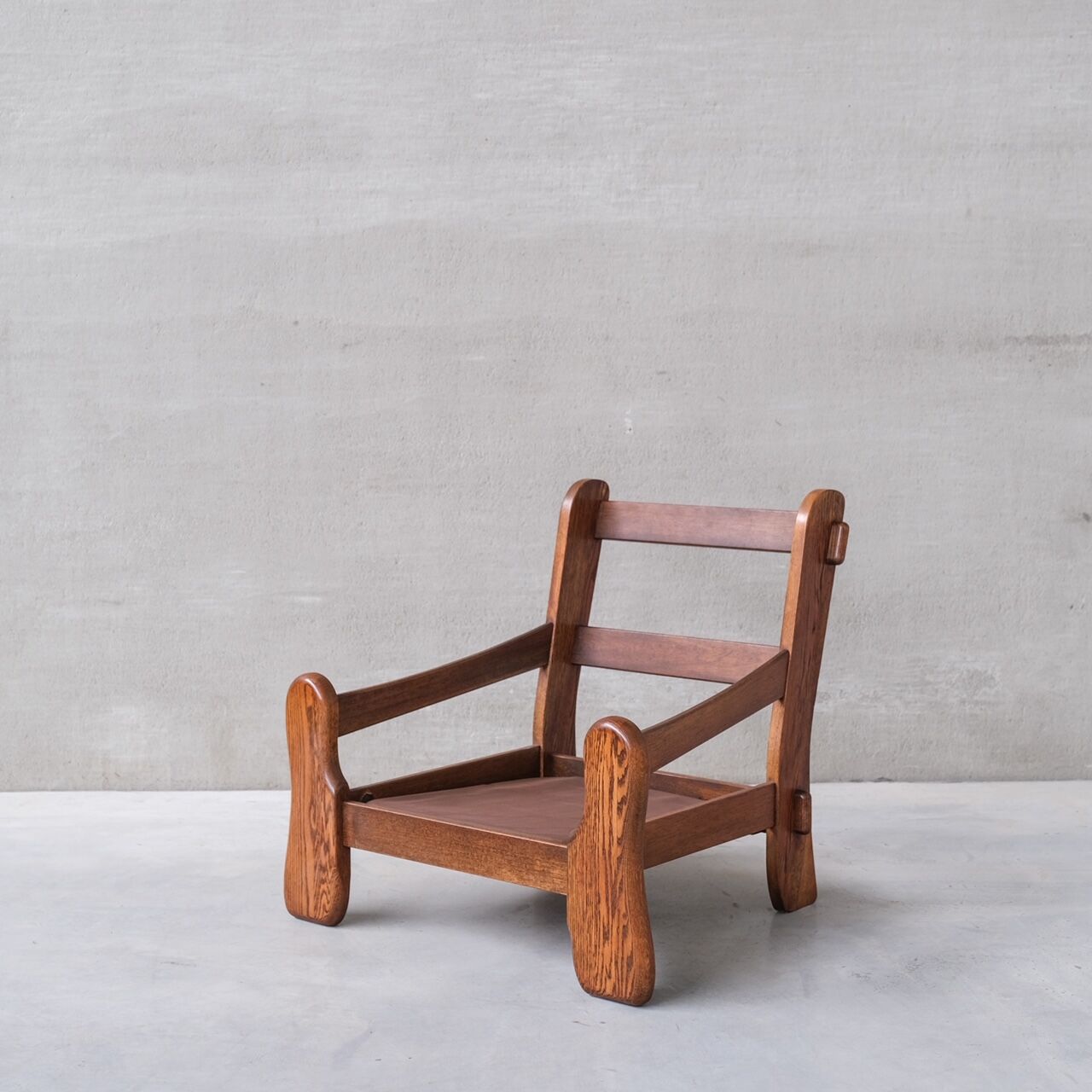 Pair of Oak Brutalist Leather Mid-Century Armchairs