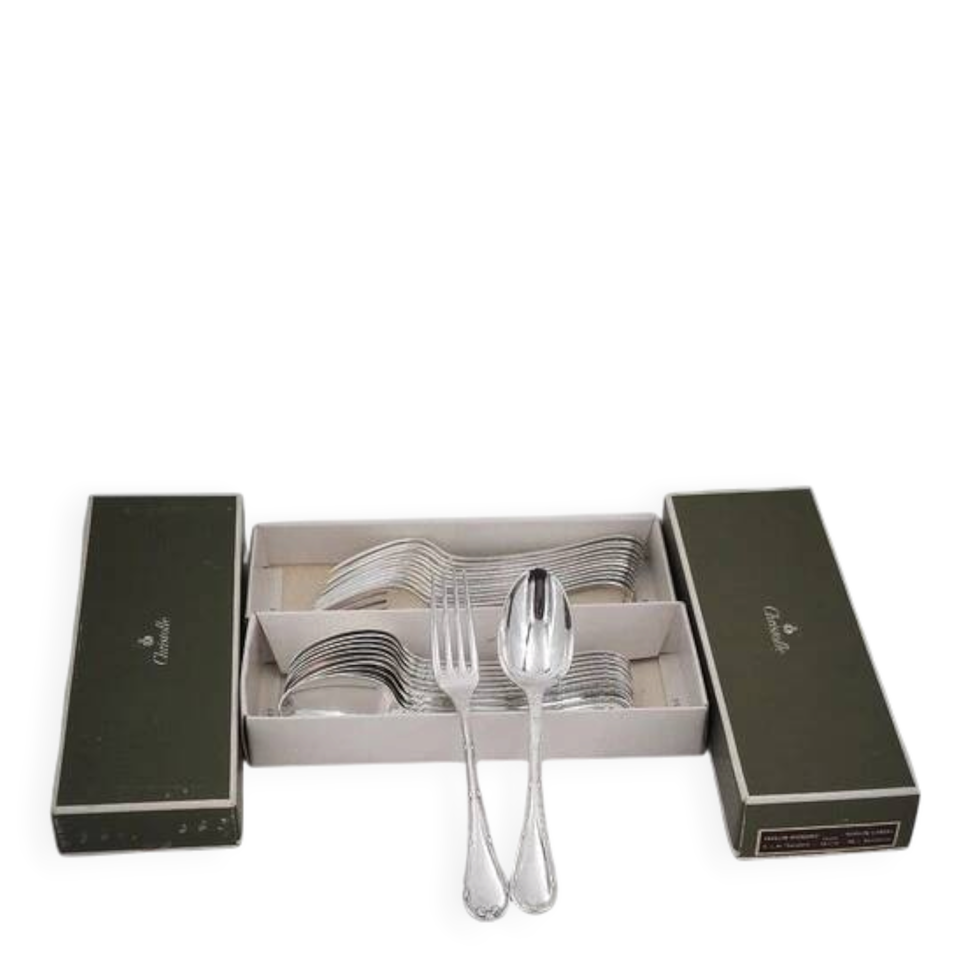12 dessert spoons, 24 pieces in silver-plated metal Christofle Rubans