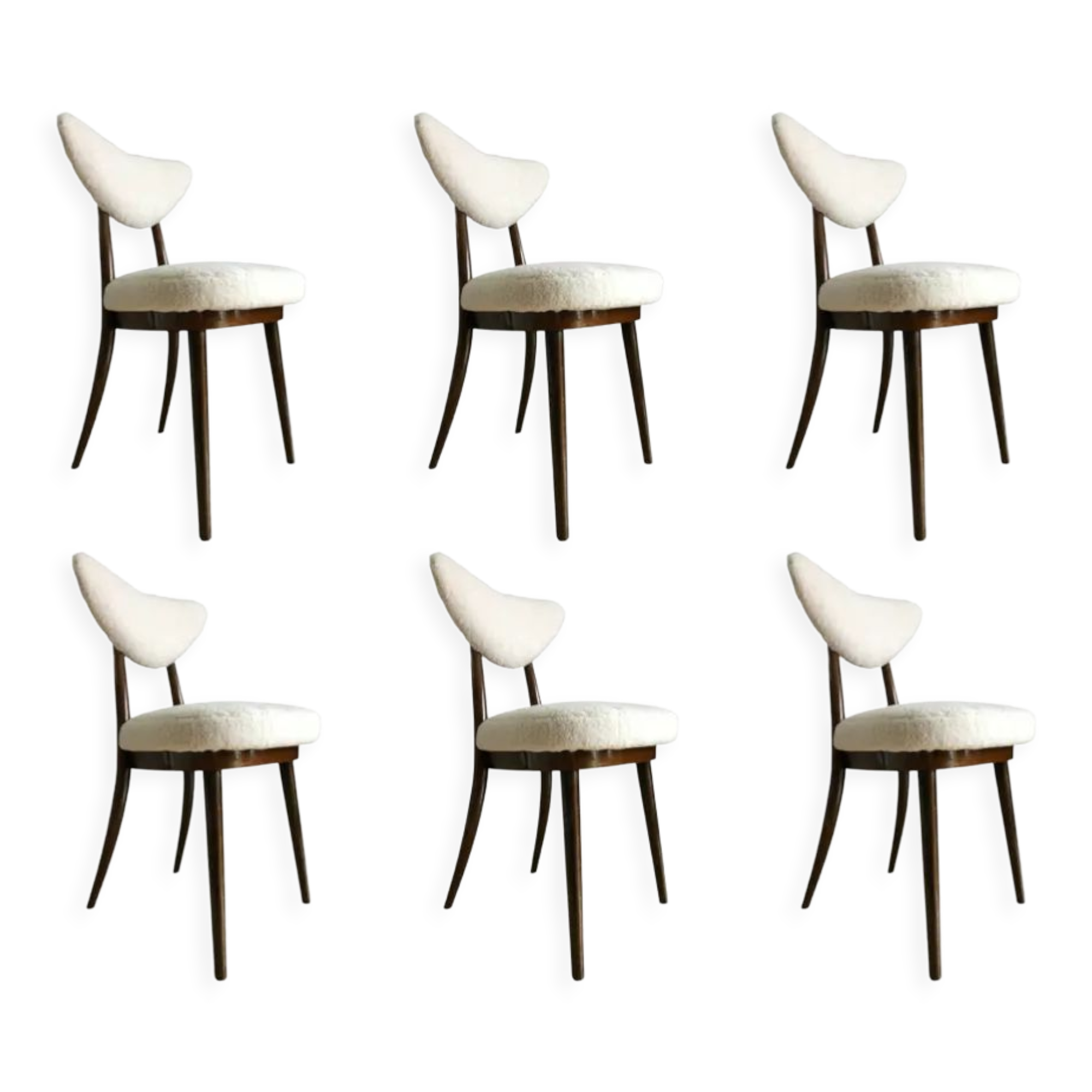 Midcentury White bouclé Heart Chairs, by Kurmanowicz, 1960s, Set of 6