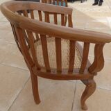 2 Colonial armchairs in natural solid wood with cane seats