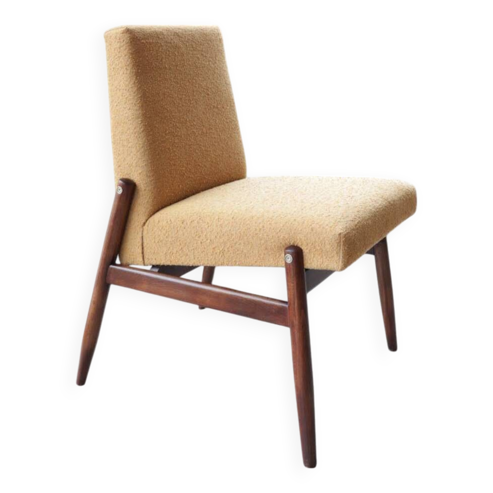 Yellow vintage lounge chair armrests boucle upholstery, walnut wood, Scandi