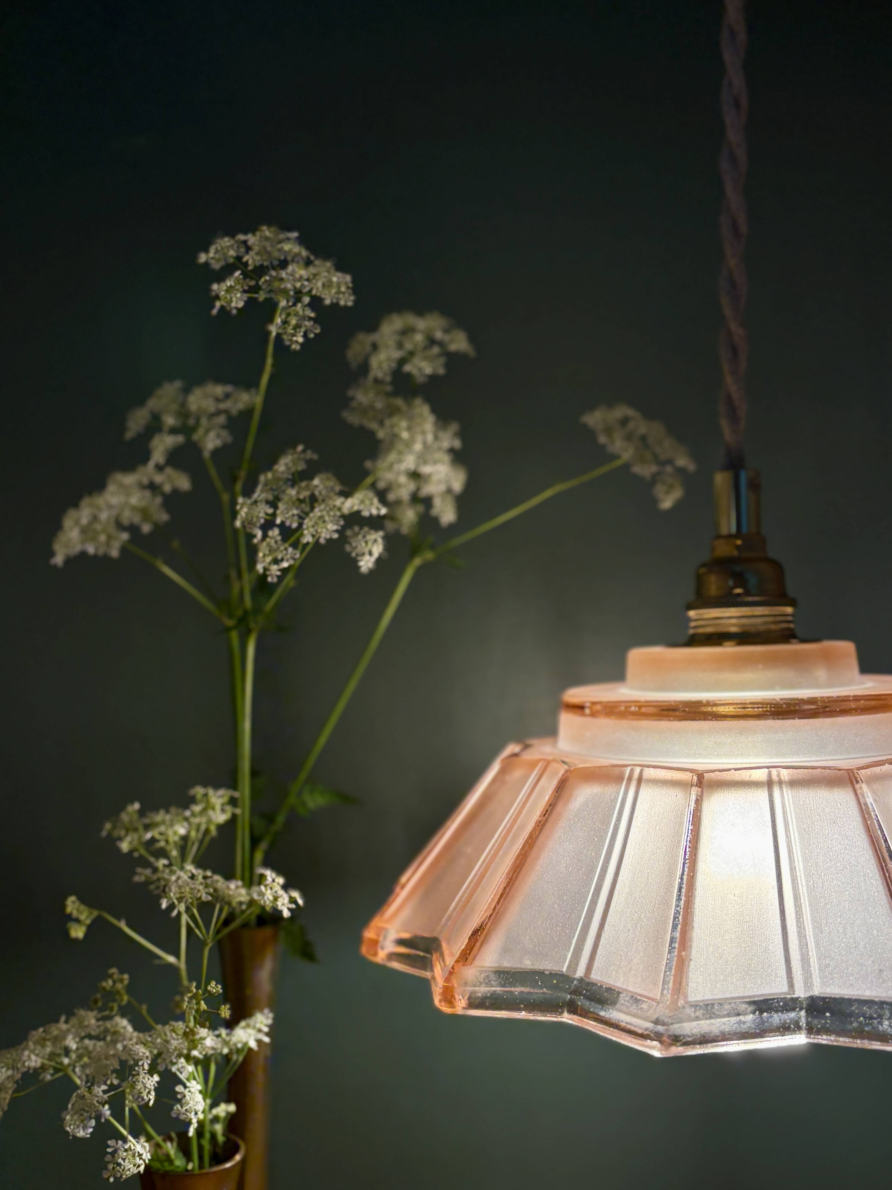 suspension vintage art deco lampshade in frosted pink glass