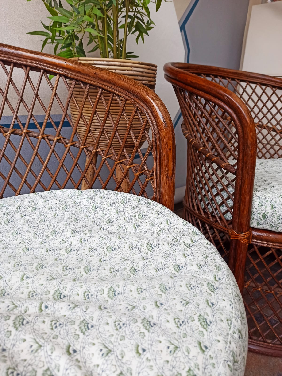 Pair of vintage bamboo rattan armchairs