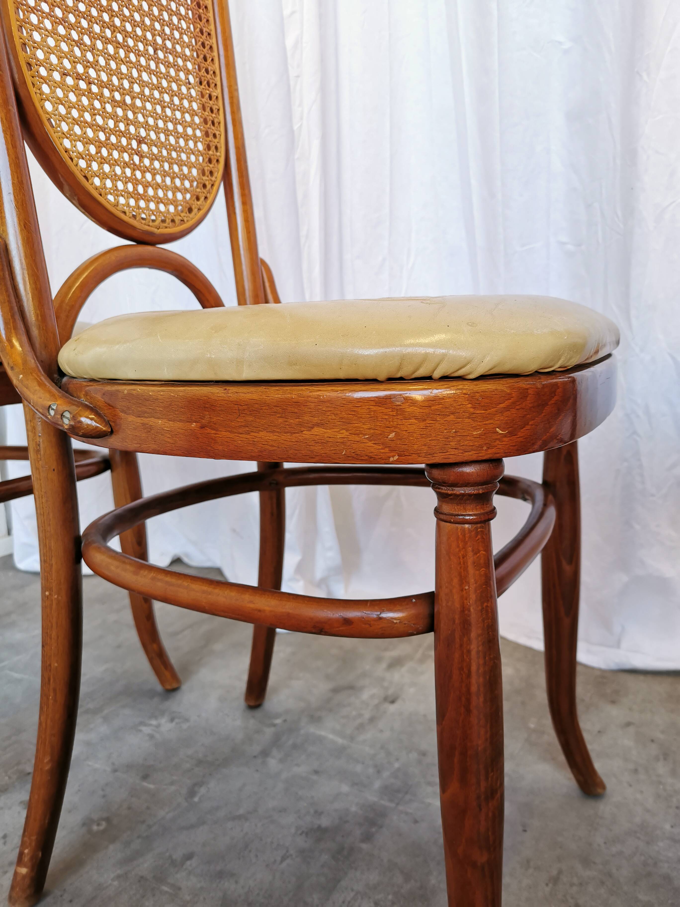 Set of 4 Vintage Bentwood Dining Chairs: Cane Back, Leather Seat, Thonet St