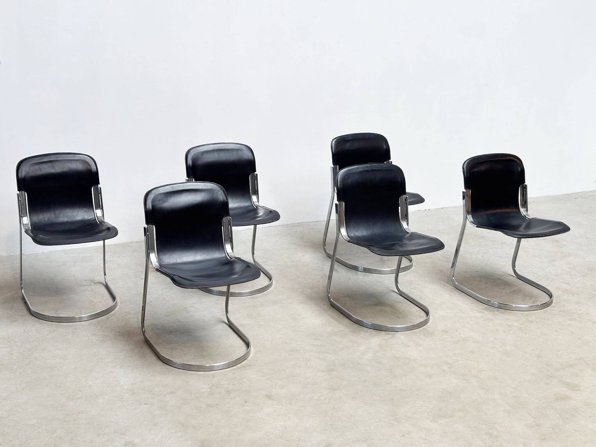 Set of six Willy Rizzo dining chairs in black leather