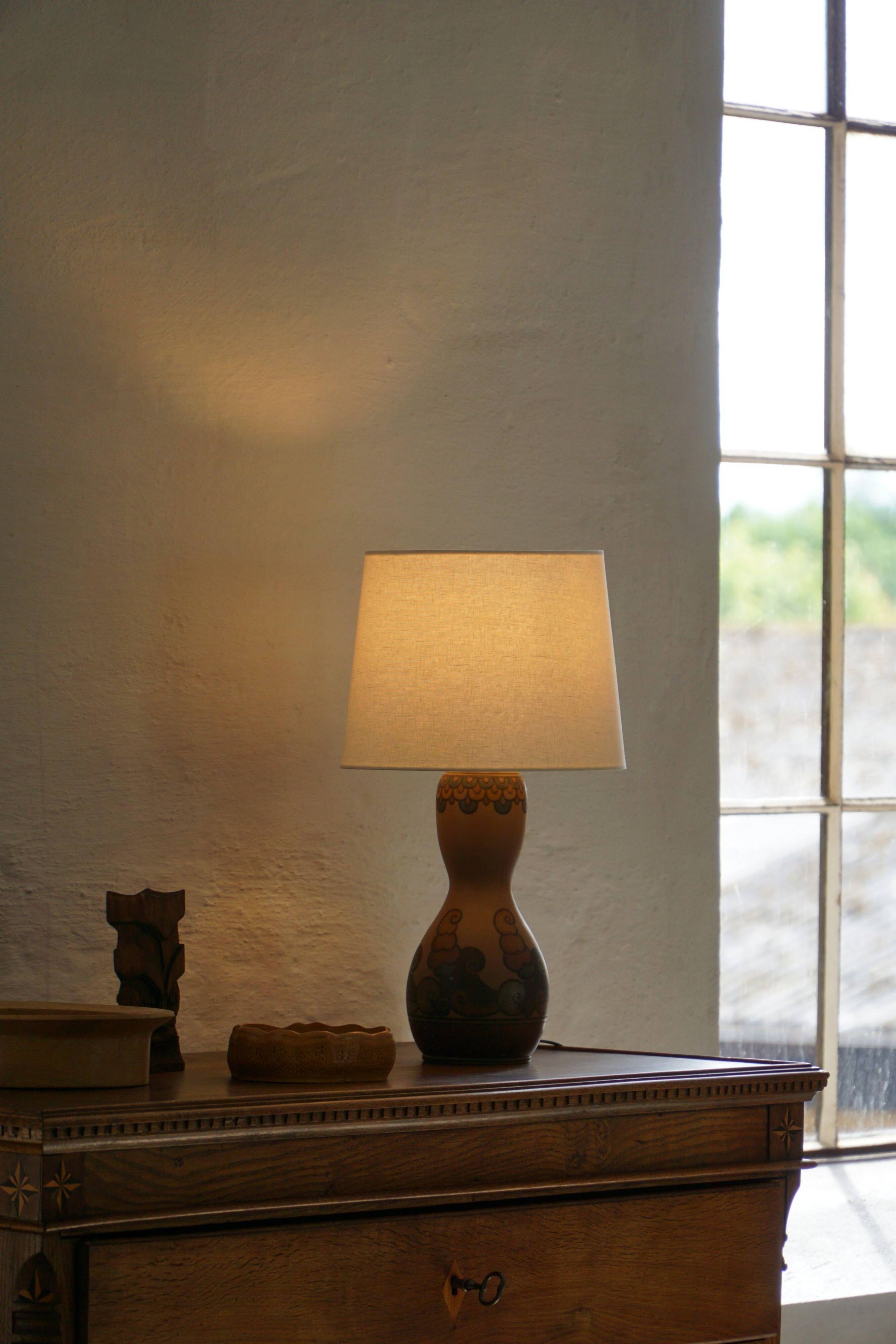 Terracotta table lamp, Art Nouveau, L. Hjorth, Bornholm, Denmark, 1930s