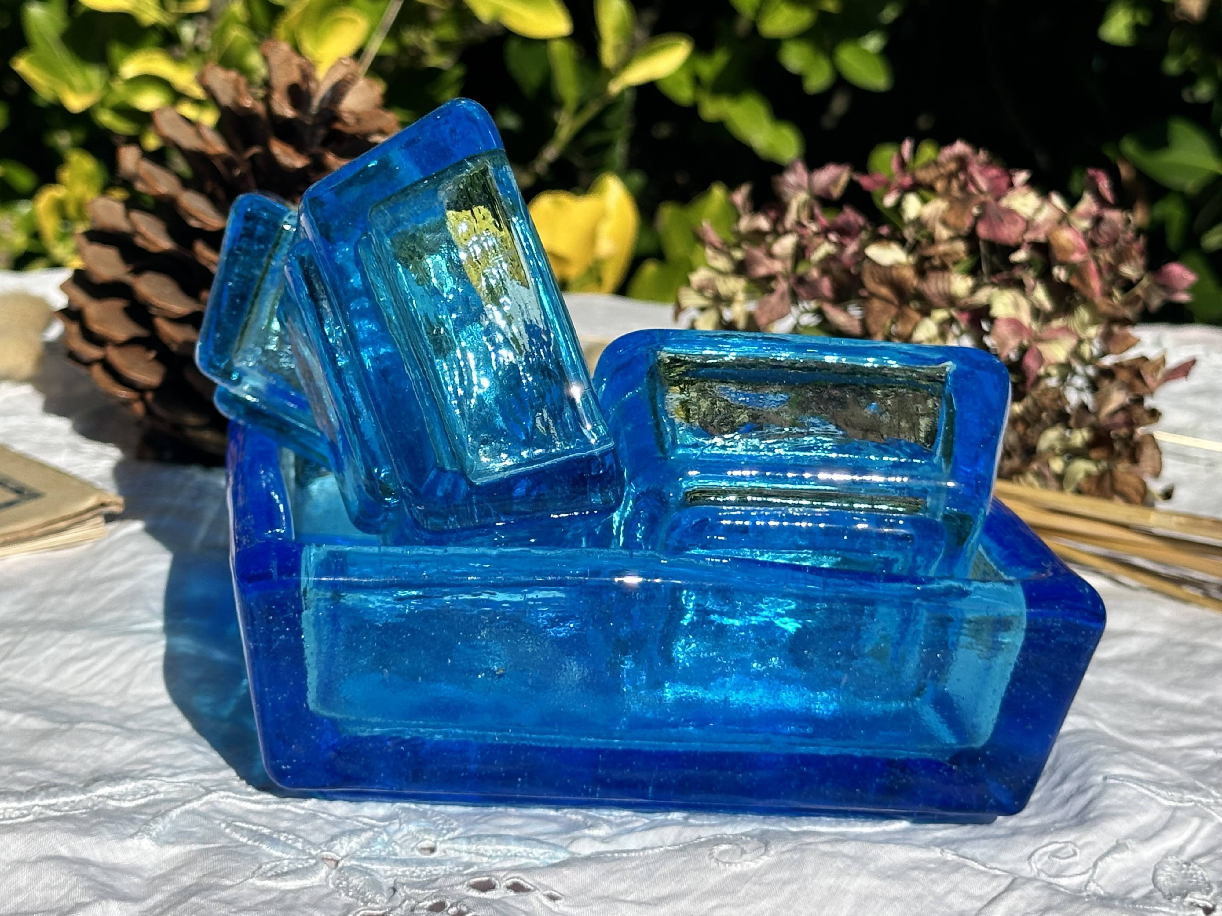 Adorable Vintage Turquoise Blue Glass Square Ashtrays and Trays