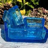 Adorable Vintage Turquoise Blue Glass Square Ashtrays and Trays