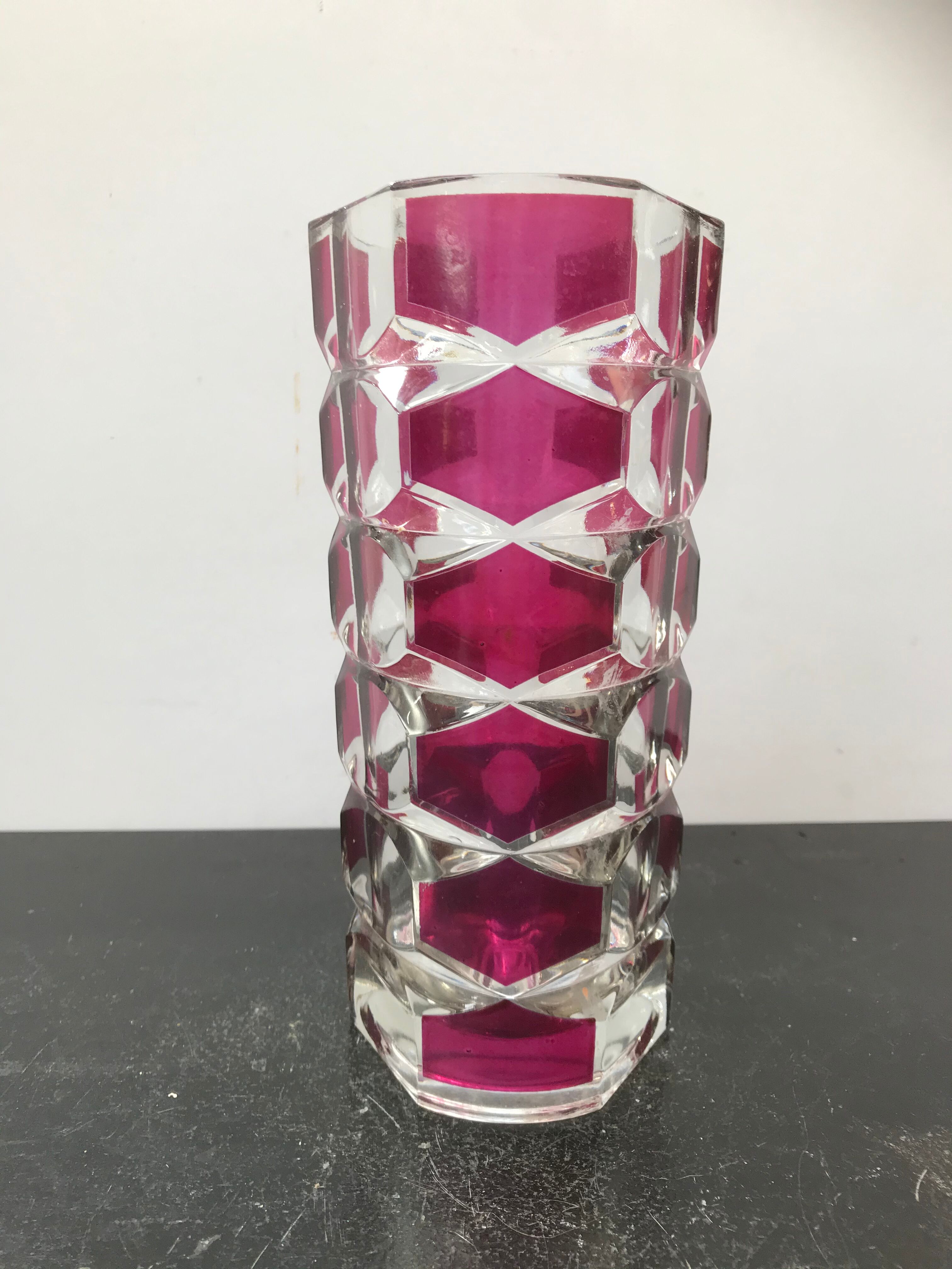 Designer transparent & red glass vase made in France vintage