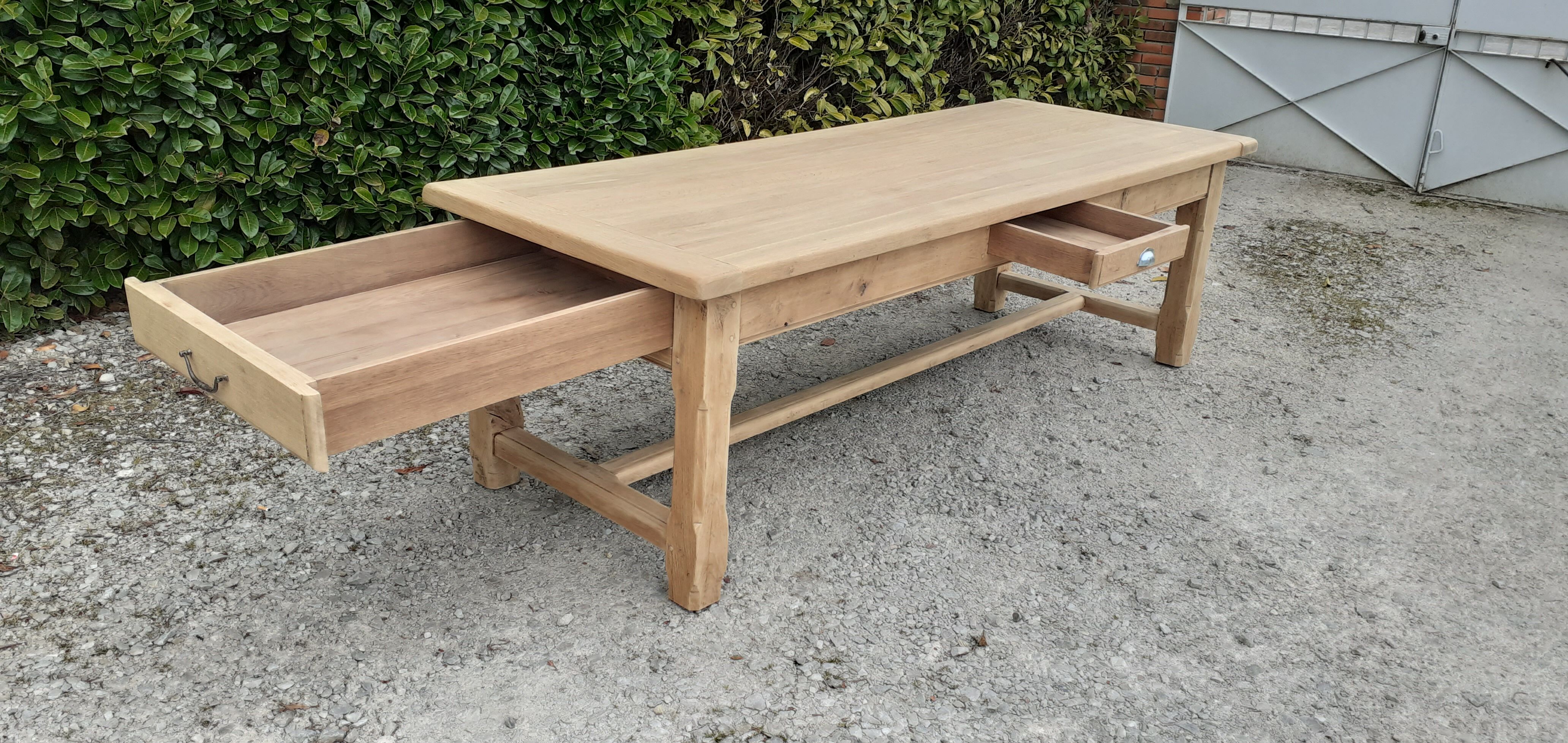 Farm table in solid oak raw wood 2 drawers