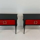 Pair of Italian Art Deco Nightstands in Red Parchment and Black Lacquer, 19
