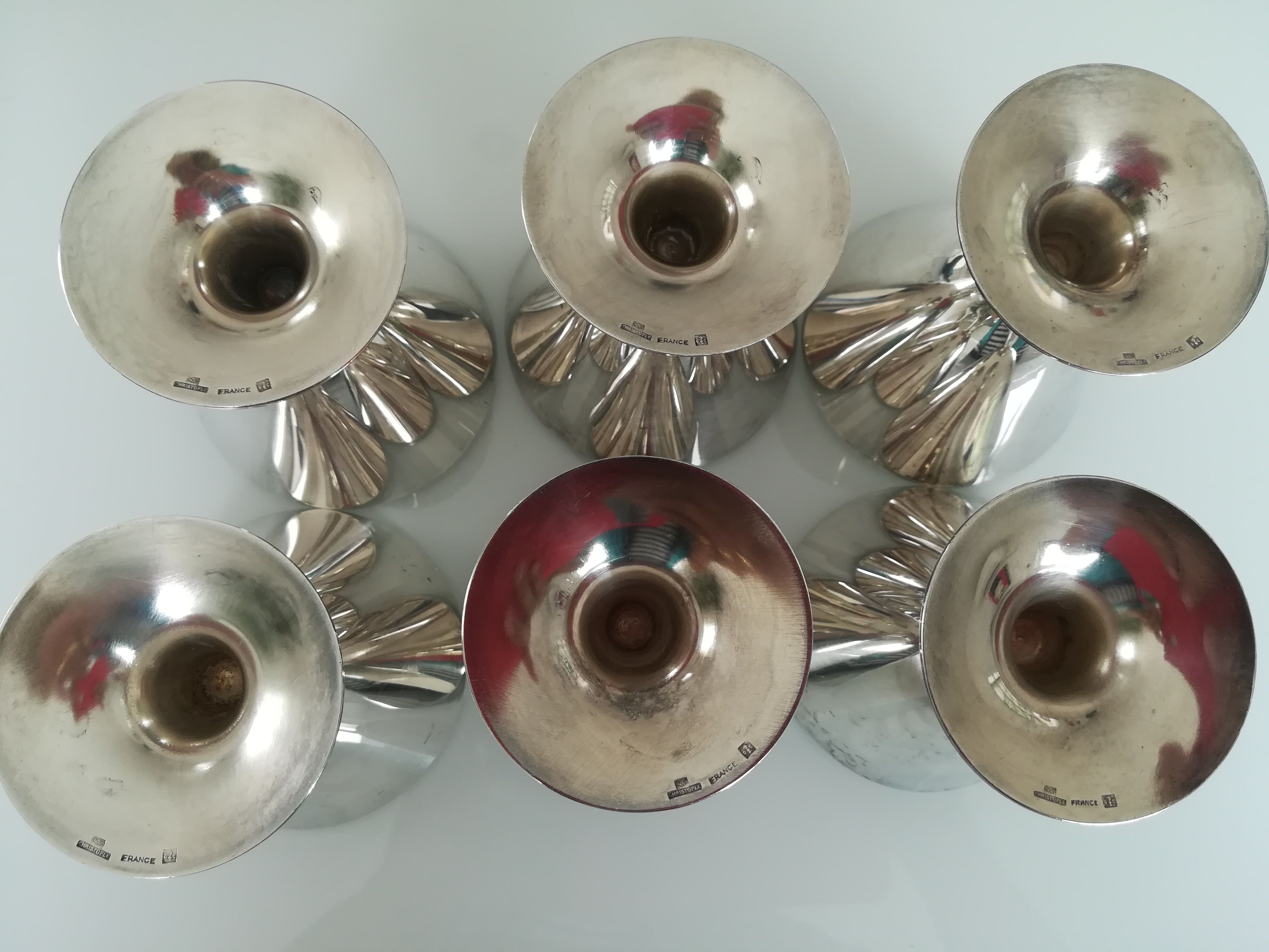 Christofle 6 silver metal wine glasses, design jean charles moreux 1940