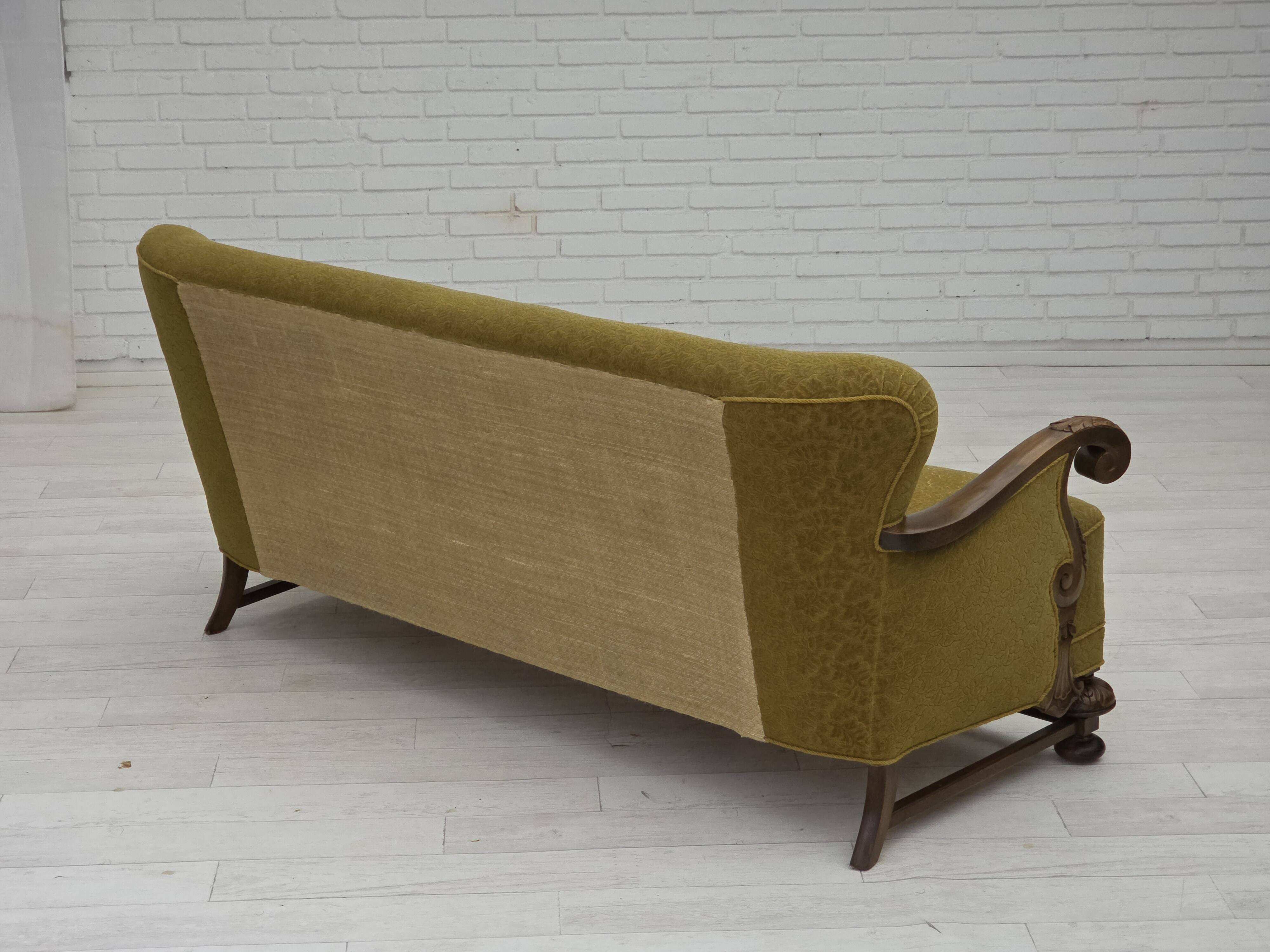 1960s, 3-seater Danish sofa, cotton/wool furniture fabric, solid oak wood.