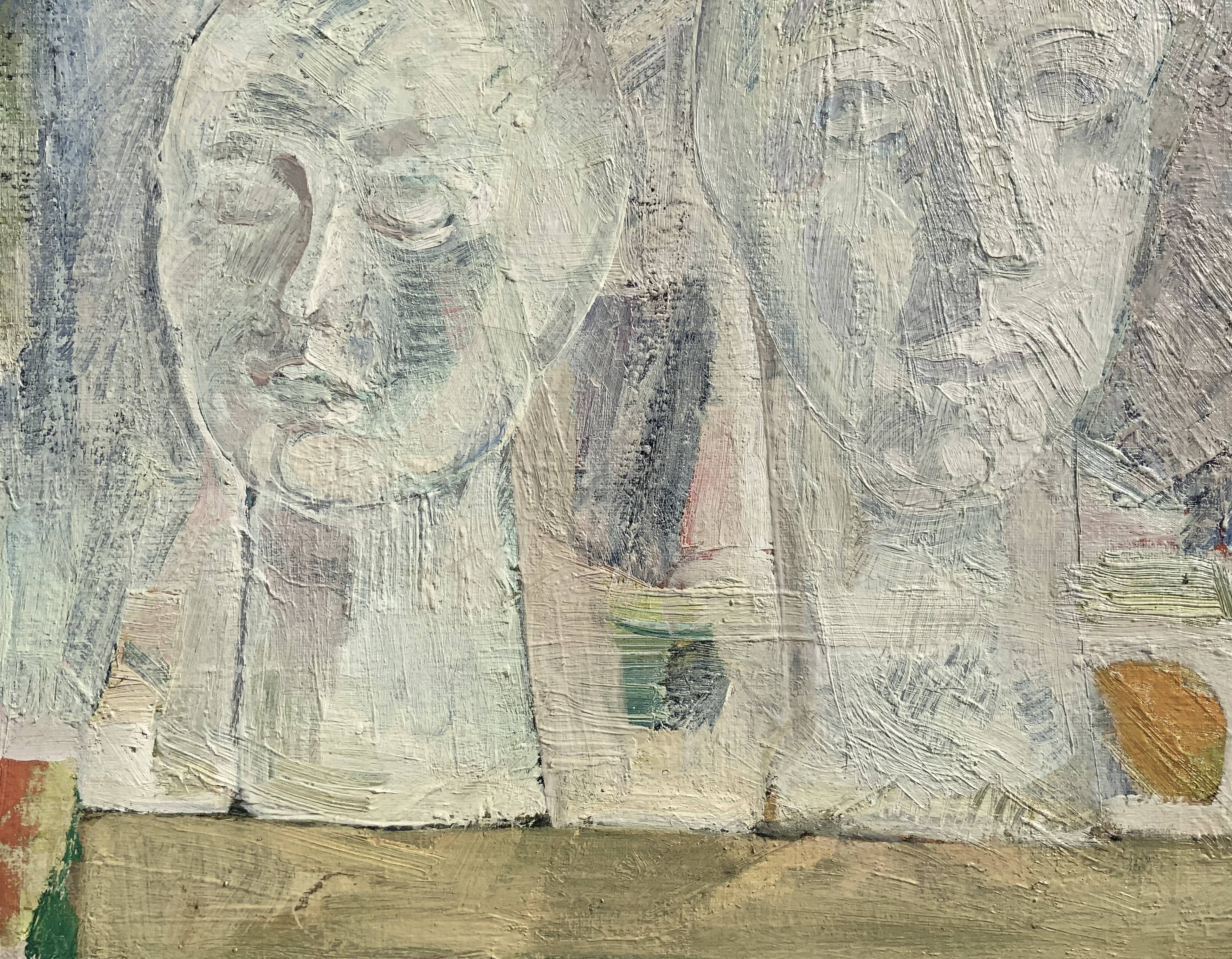 Vintage Modernist Composition with Heads Oil Painting signed by artist R.J. 1956