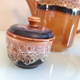 Coffee maker, milk pot and sugar décor Hawaii of the Sarreguemines vintage Earthenware 60s-70s