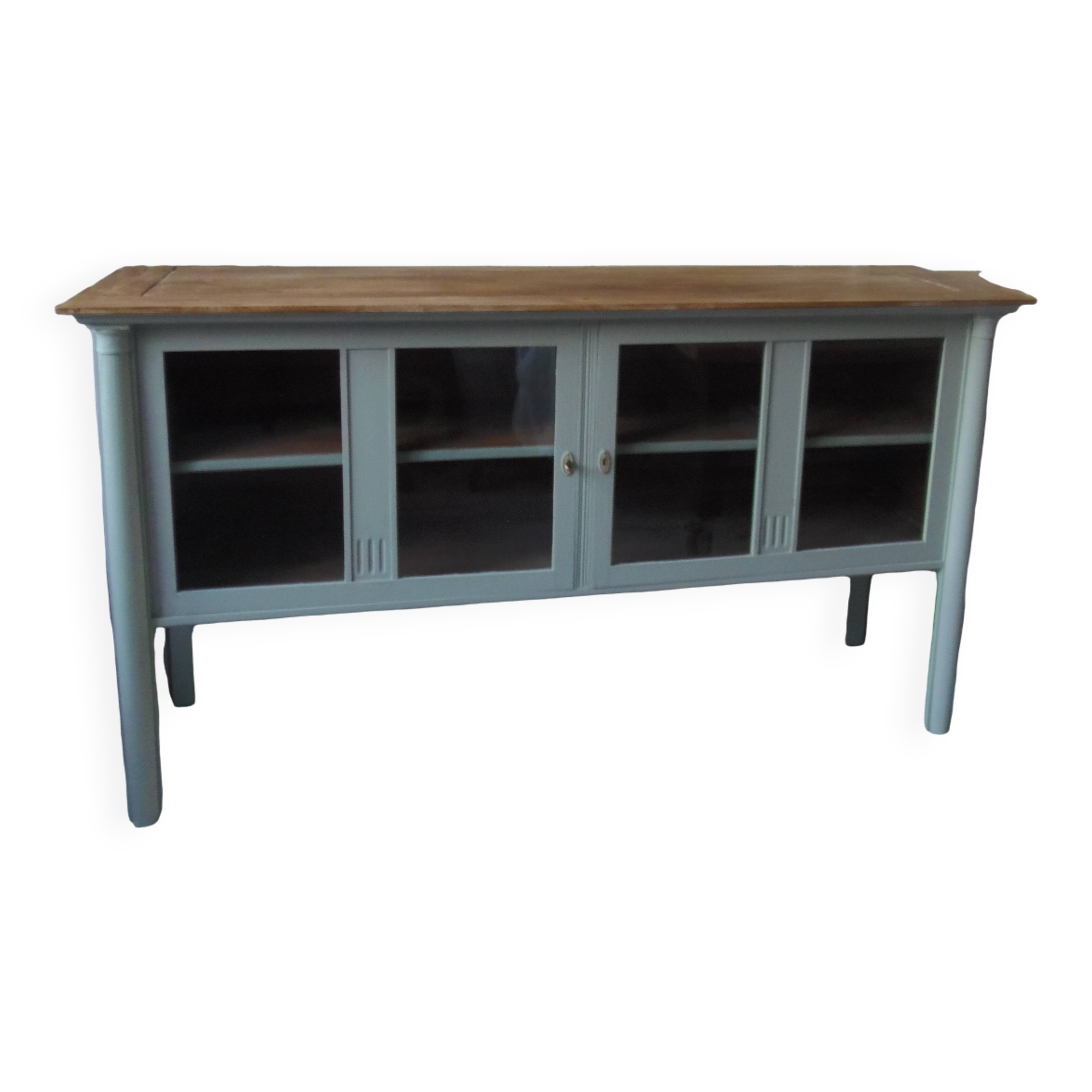 Buffet, desserte vintage réenchanté en vert de gris, plateau  bois.