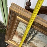 painting Winter landscape with cart and pheasants signed FH