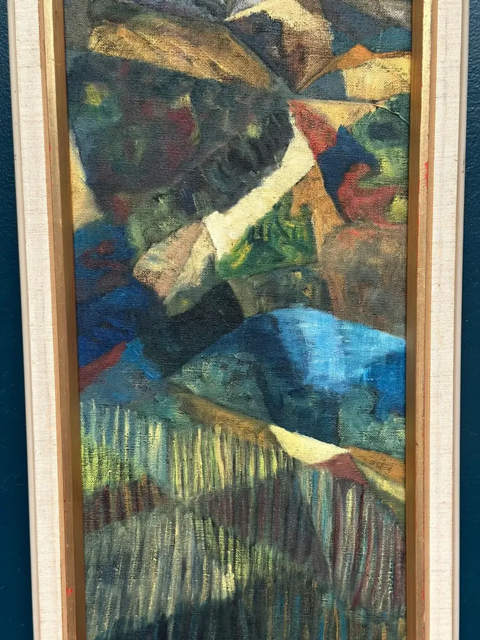 Large Original Swedish Oil on Canvas – “Cubist Landscape” by Kjell Lindberg – Signed – Vintage & Framed
