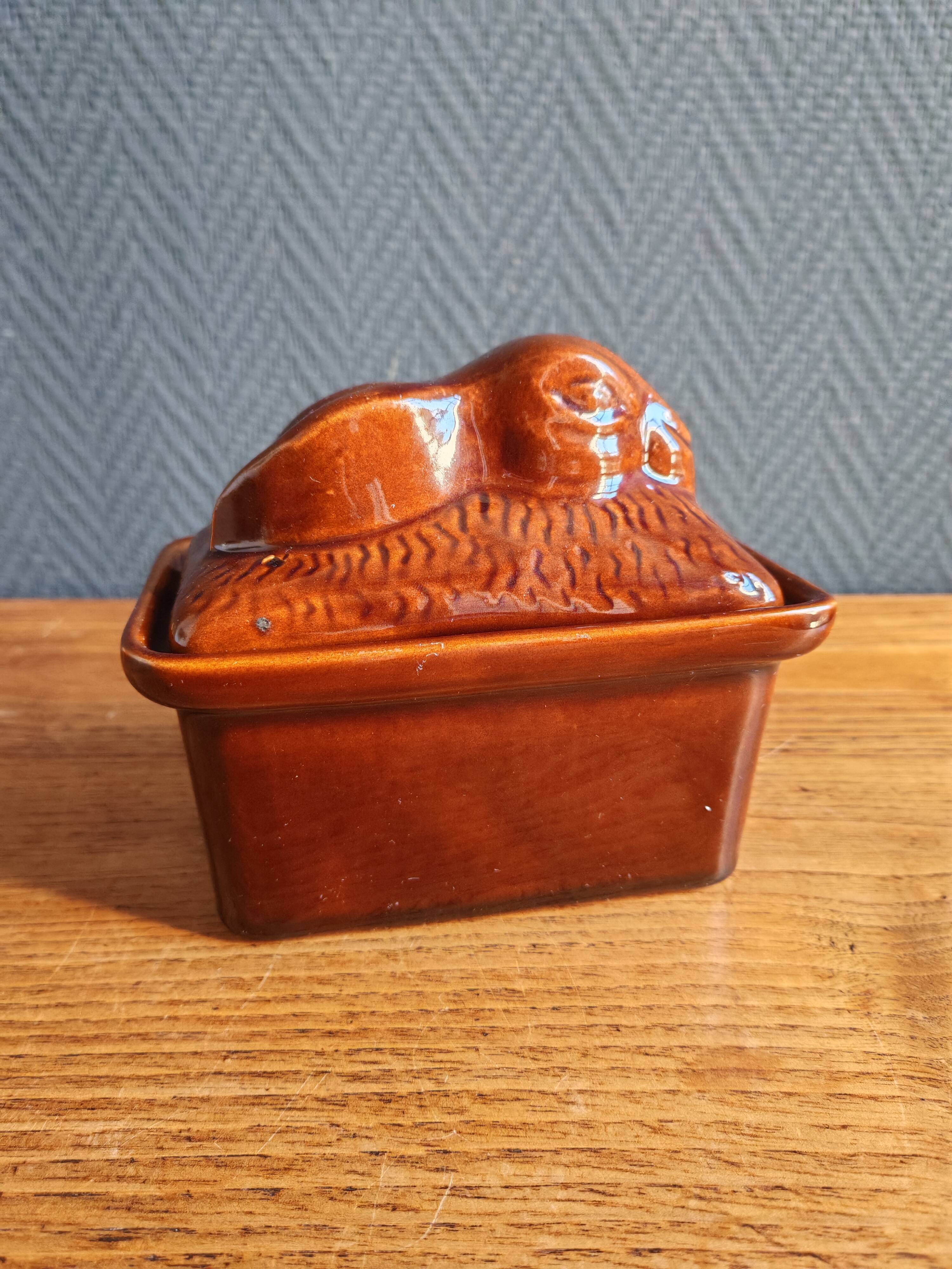 Vintage Rabbit Terrine in Glazed Ceramic - Brown Barbotine