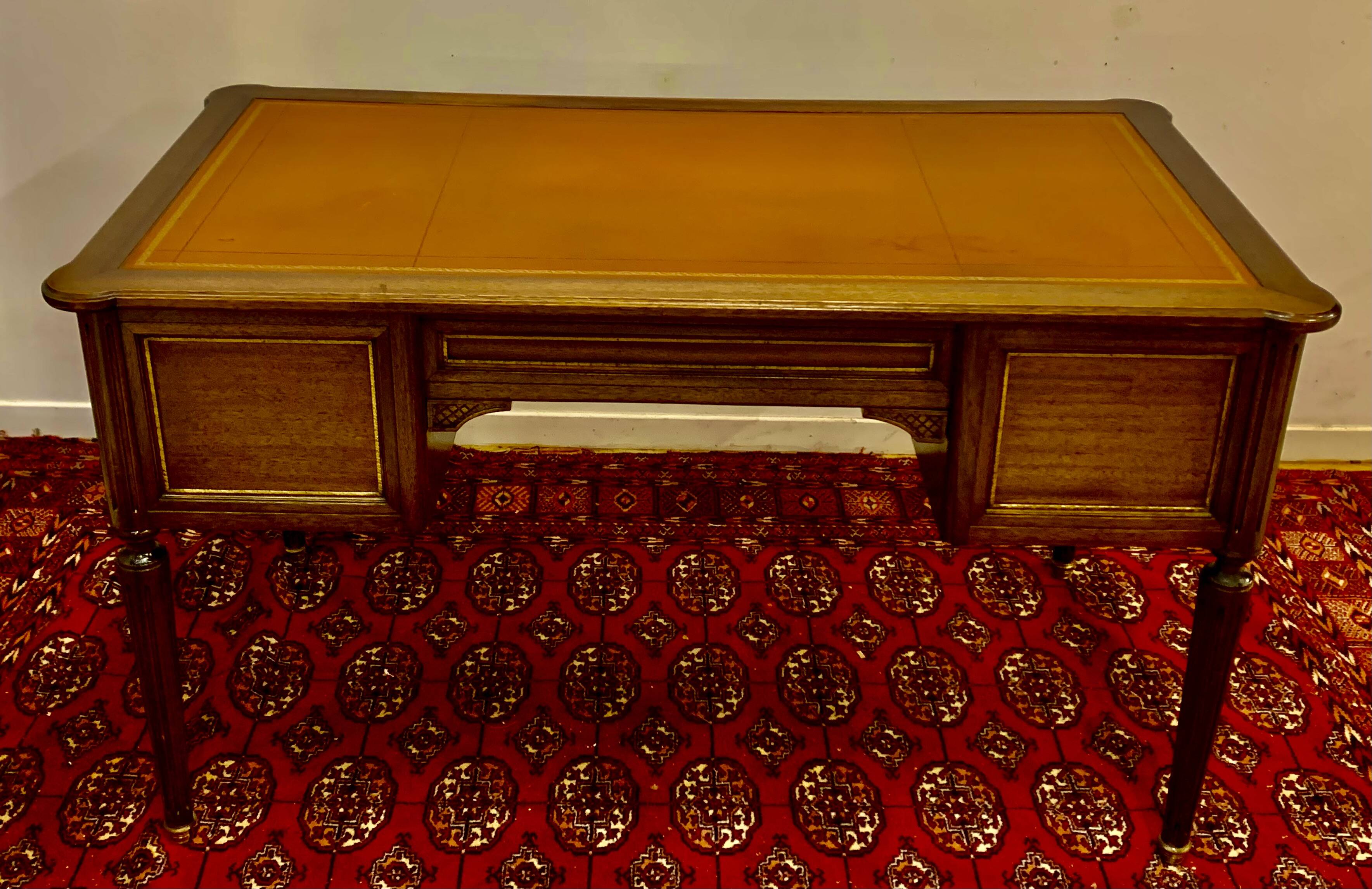 Louis XVI style desk, mahogany, tan leather