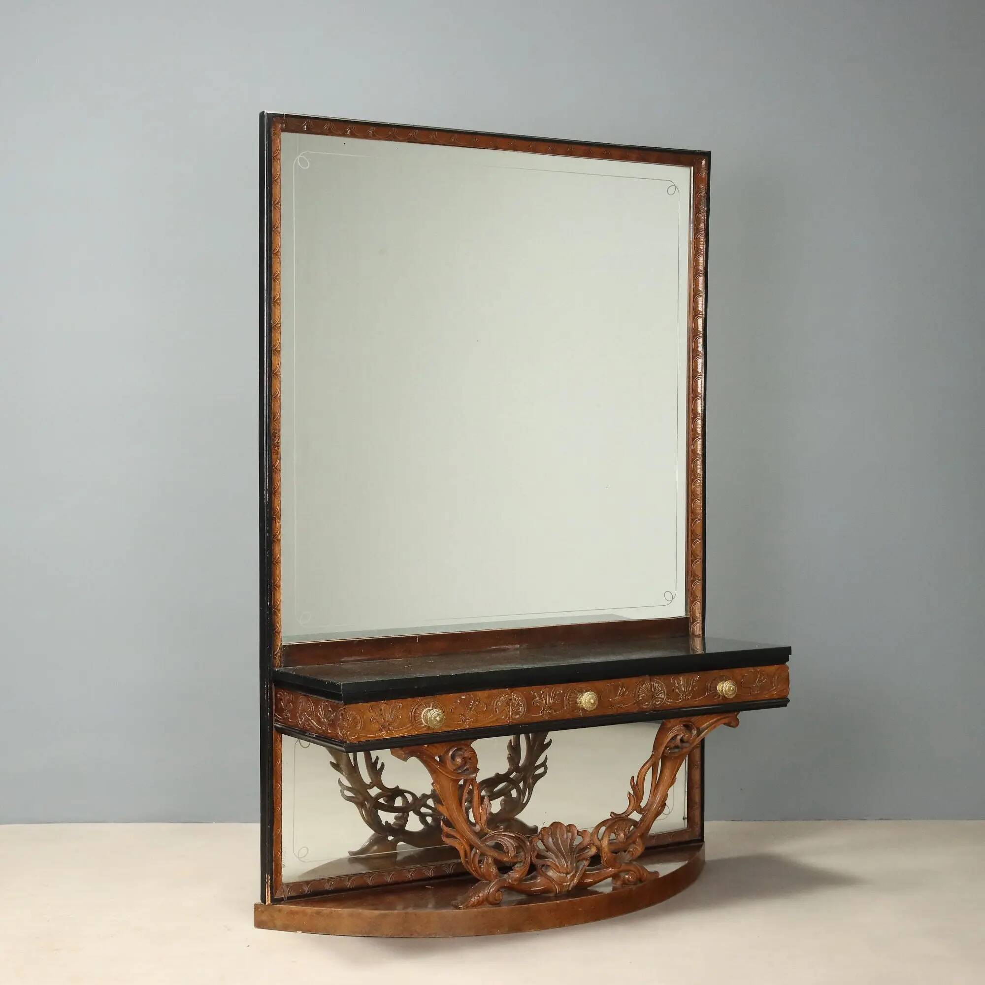 Antique console with a walnut mirror and green marble, Italy, 20th century.