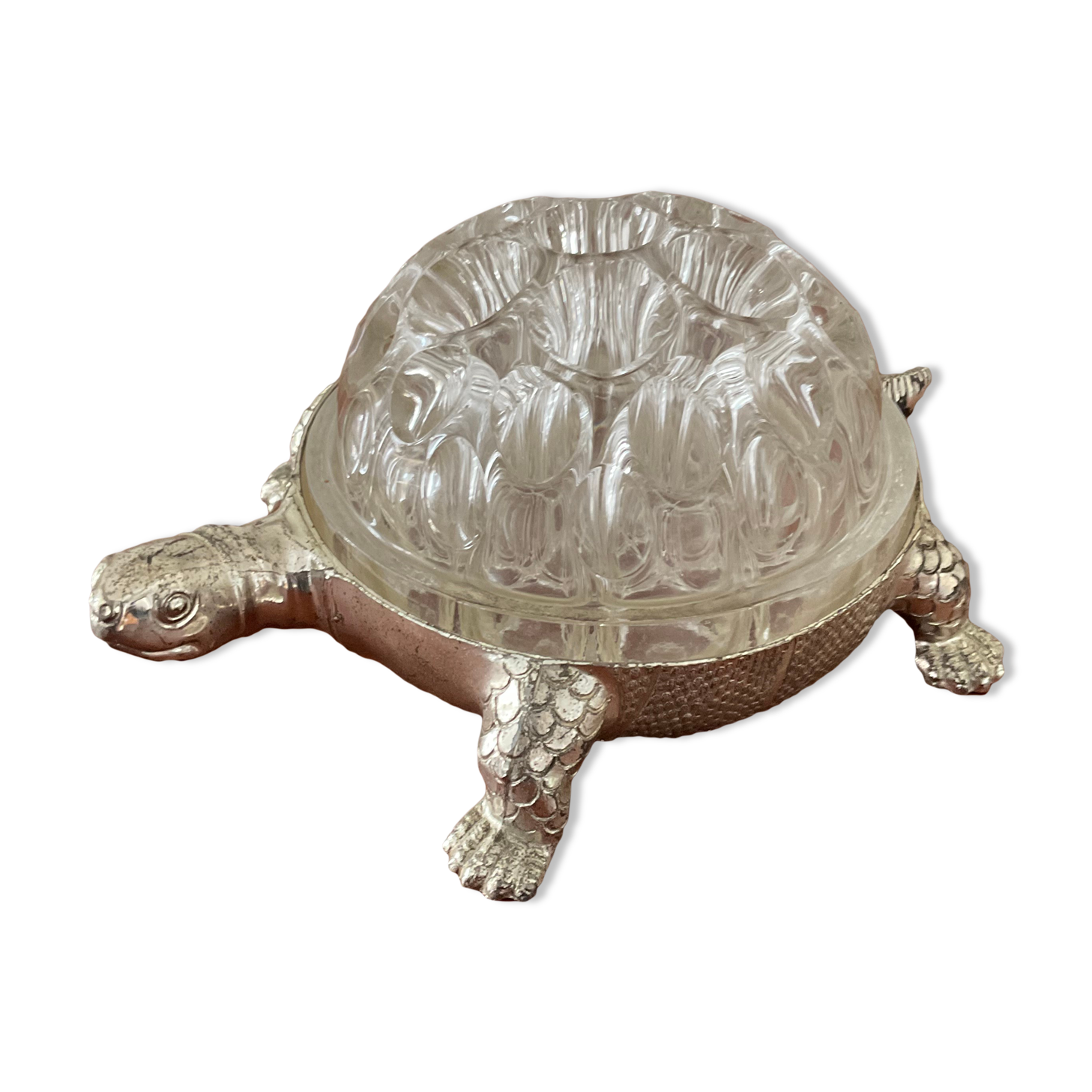 Vintage turtle flowerpeed in silver metal and glass From Reims