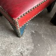 Set of 2 Brown-Beige Leather Poufs with Metal-Studded Seams — Low Vintage Ottomans
