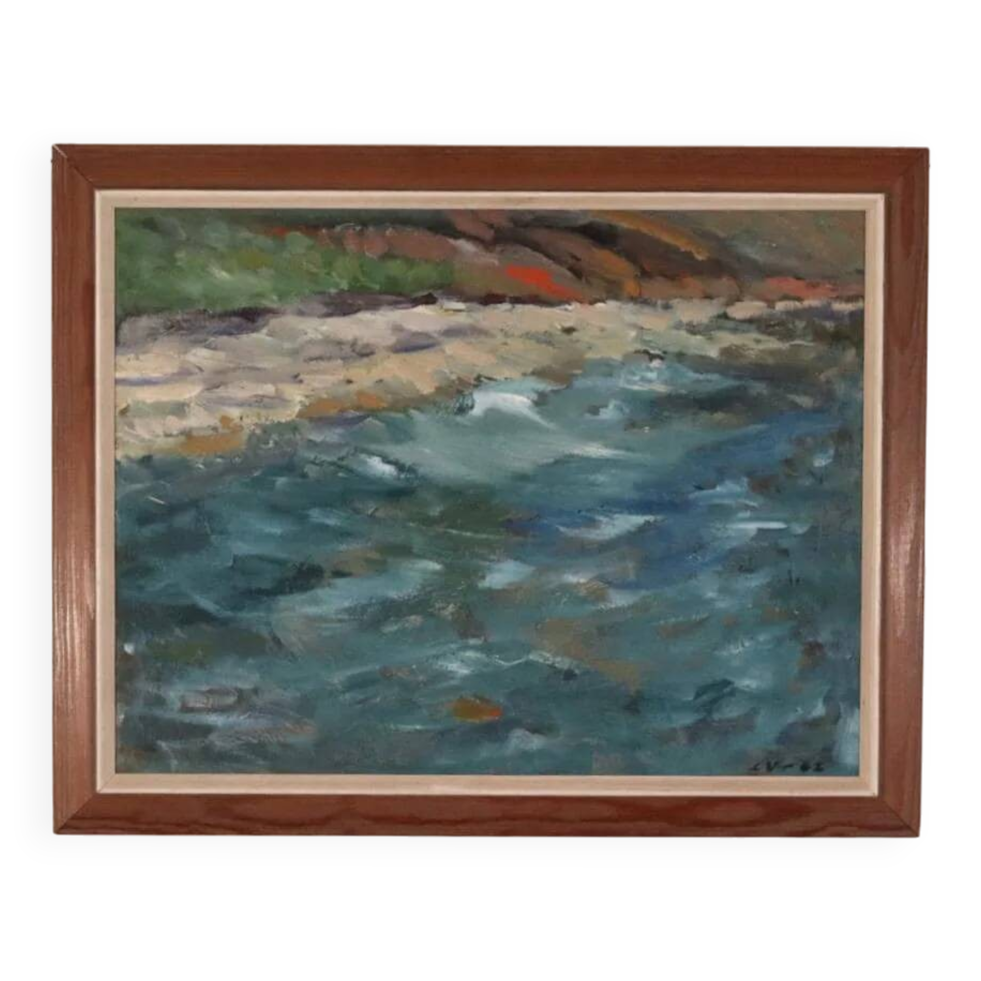 Original Mid Century Swedish Oil on Panel – “Seashore” by LV 1962 – Signed