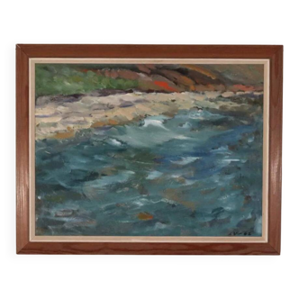 Original Mid Century Swedish Oil on Panel – “Seashore” by LV 1962 – Signed