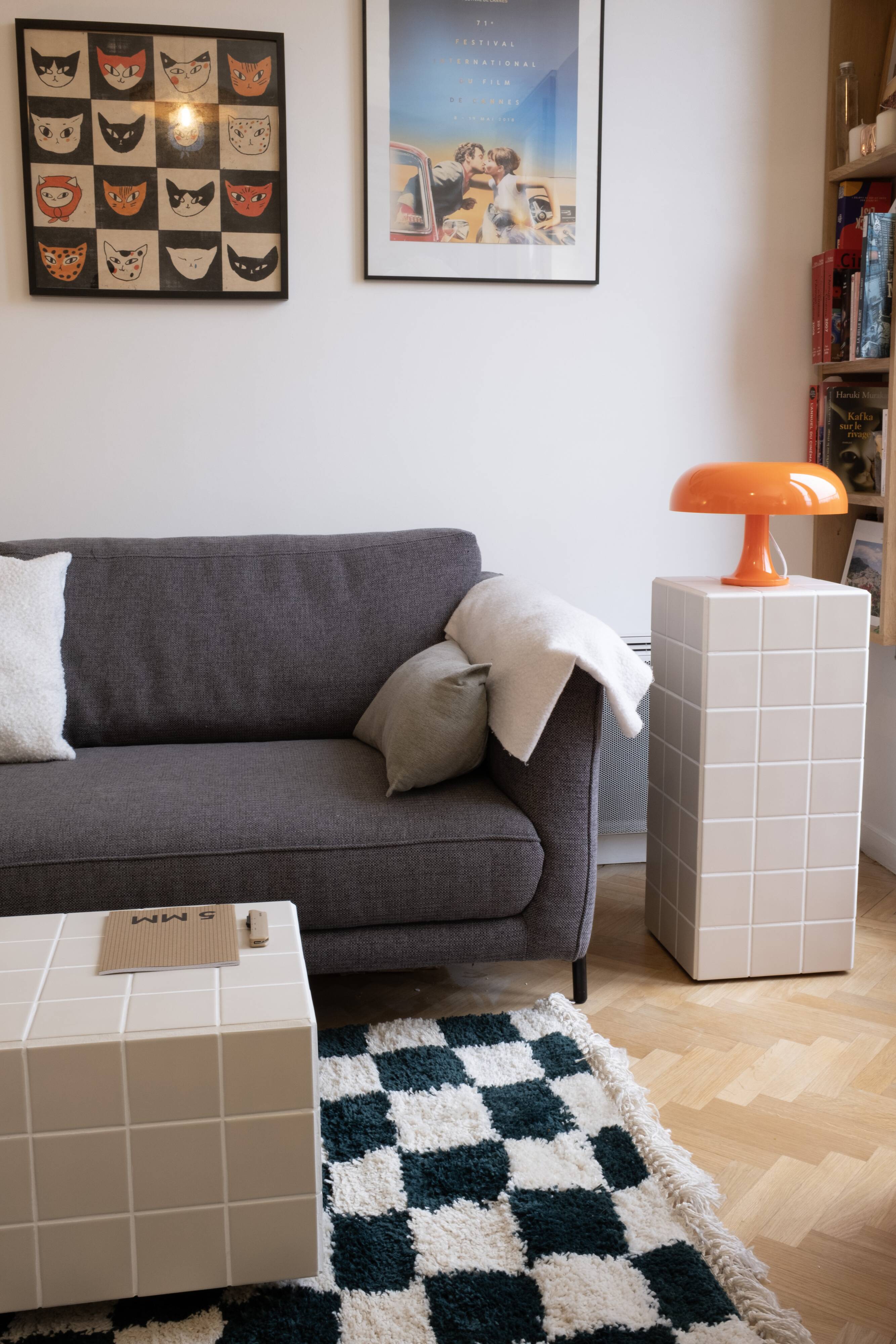 Column, side table in ivory ceramic tiles