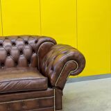 Original English Chesterfield 3-Seater Sofa – Handcrafted Brown Leather